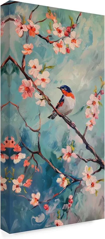 Wrapped Canvas Wall Art - Imagine It Images 'Cherry Blossom Birds Blue Orange 1' Wall Art for Living Room, Bedroom, or Office Décor - 12x24