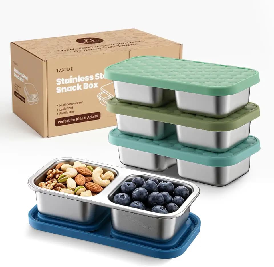 Tanjiae 10 oz Stainless Steel Snack Box for Kids & Toddlers, Multi-Compartment Small Leak Proof Food Containers with Silicone Lids - Reusable Metal Bento Box for Daycare, School, Travel, Camping