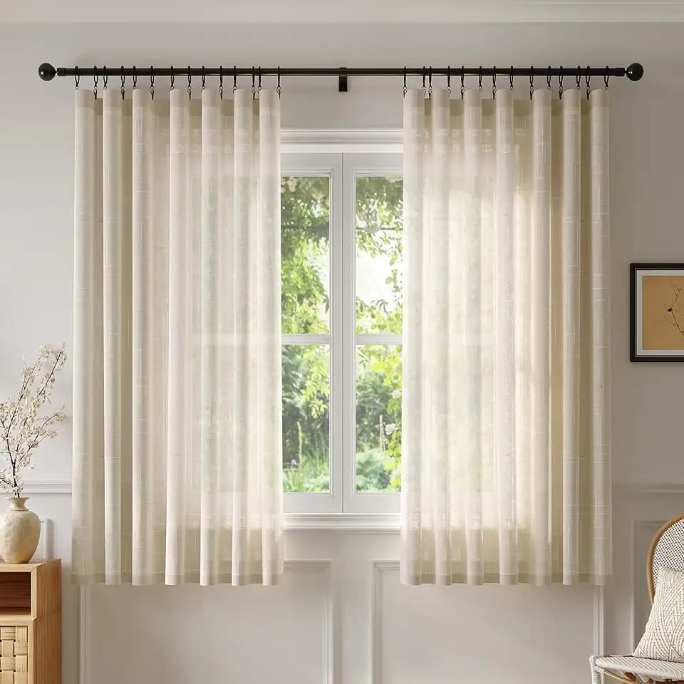 Anmao Natural Linen Curtains for Living Room 54 Inch Length 2 Panels Set, Light Filtering Semi Sheer Window Curtain Drapes for Bedroom with Curtain Rings and Clips, 52 Inch Wide Each Panel, Ecru
