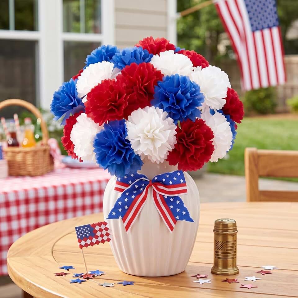 60 Pack 4th of July Artificial Chrysanthemums Flowers with Stems 250th Party Decorations for Patriotic Veterans Day DIY Crafts Table Centerpiece Home Decor(Red, White, Blue)