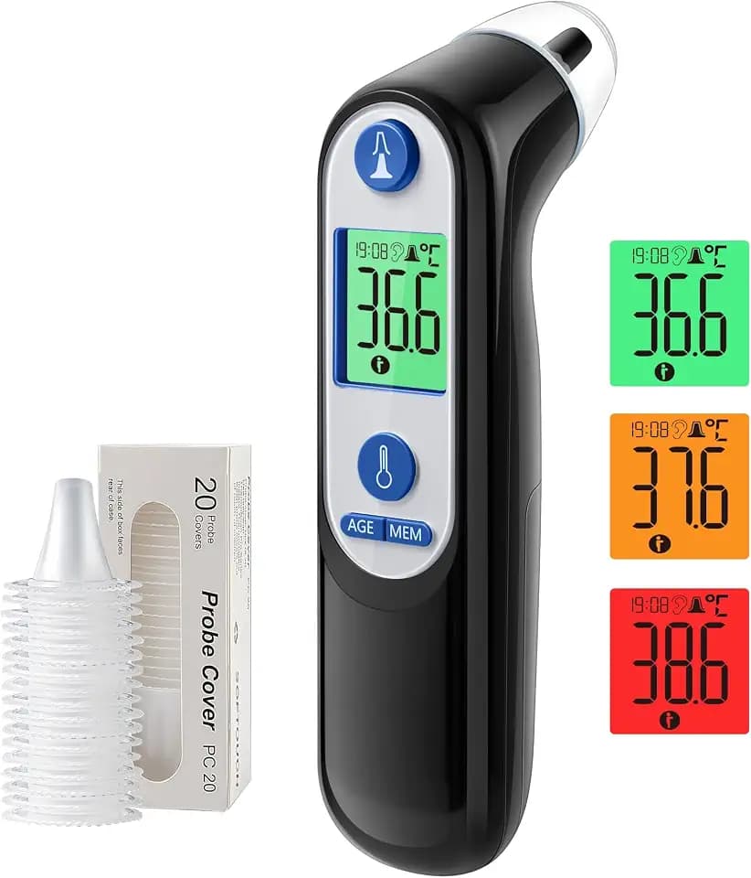 Digitales Infrarot-Ohrthermometer für Babys, Erwachsene & Senioren – Präzise Alterserkennung, farbcodiertes Display, 21x Hygienekappen, 1-Sekunden-Messung & Fieberalarm (Schwarzblau)