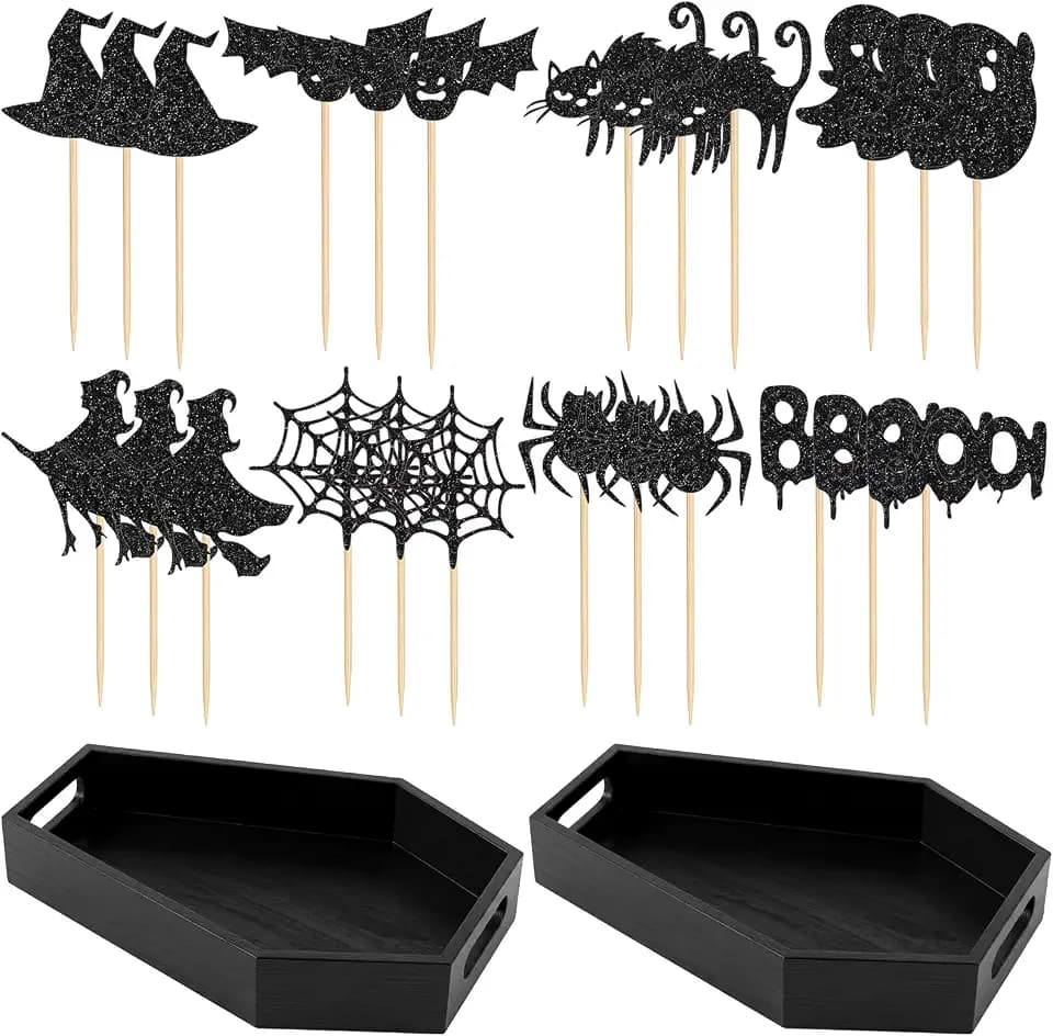 2 Pack Halloween Coffin Serving Tray with 24 Pcs Cupcake Toppers