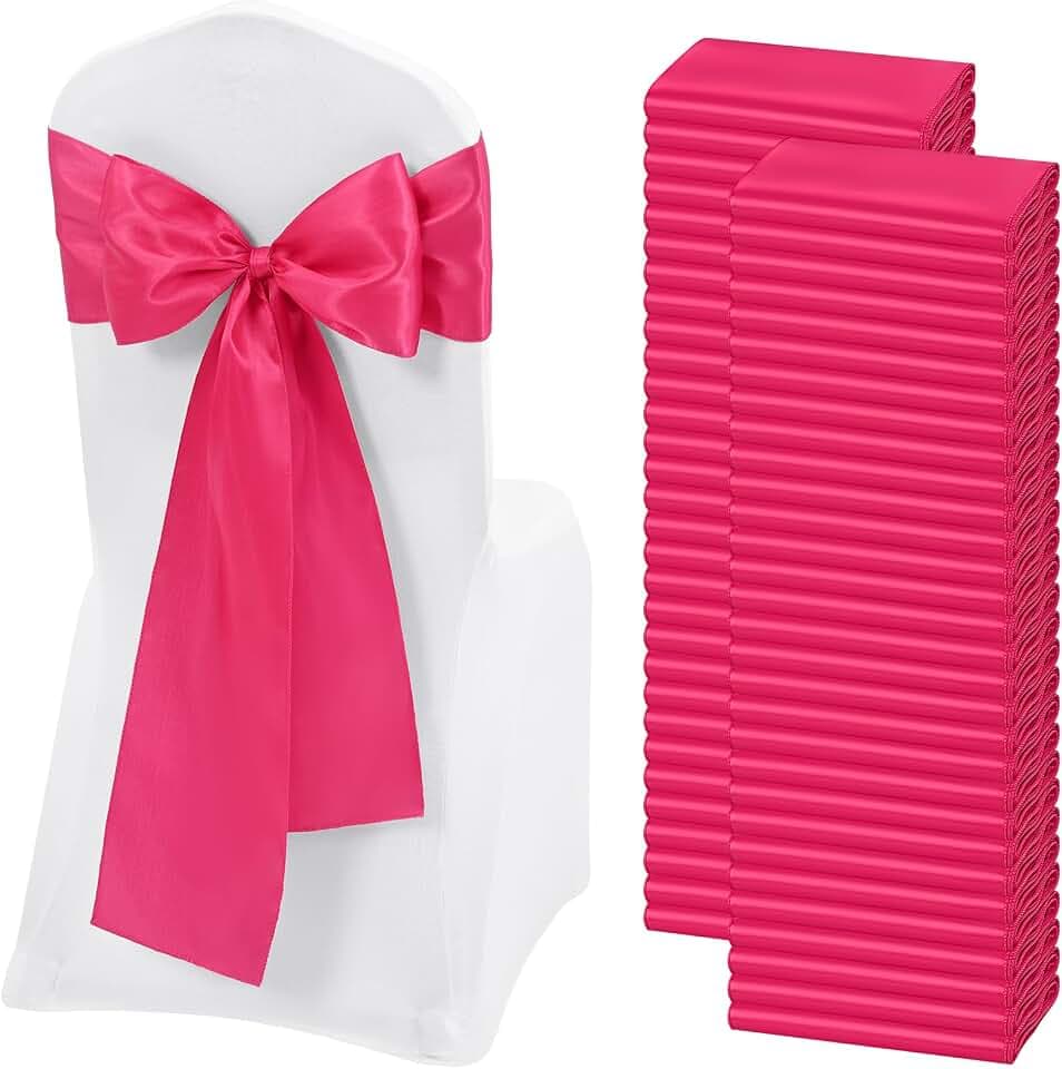 60 PCS Hot Pink Satin Chair Sashes, 7 x 108 Inch