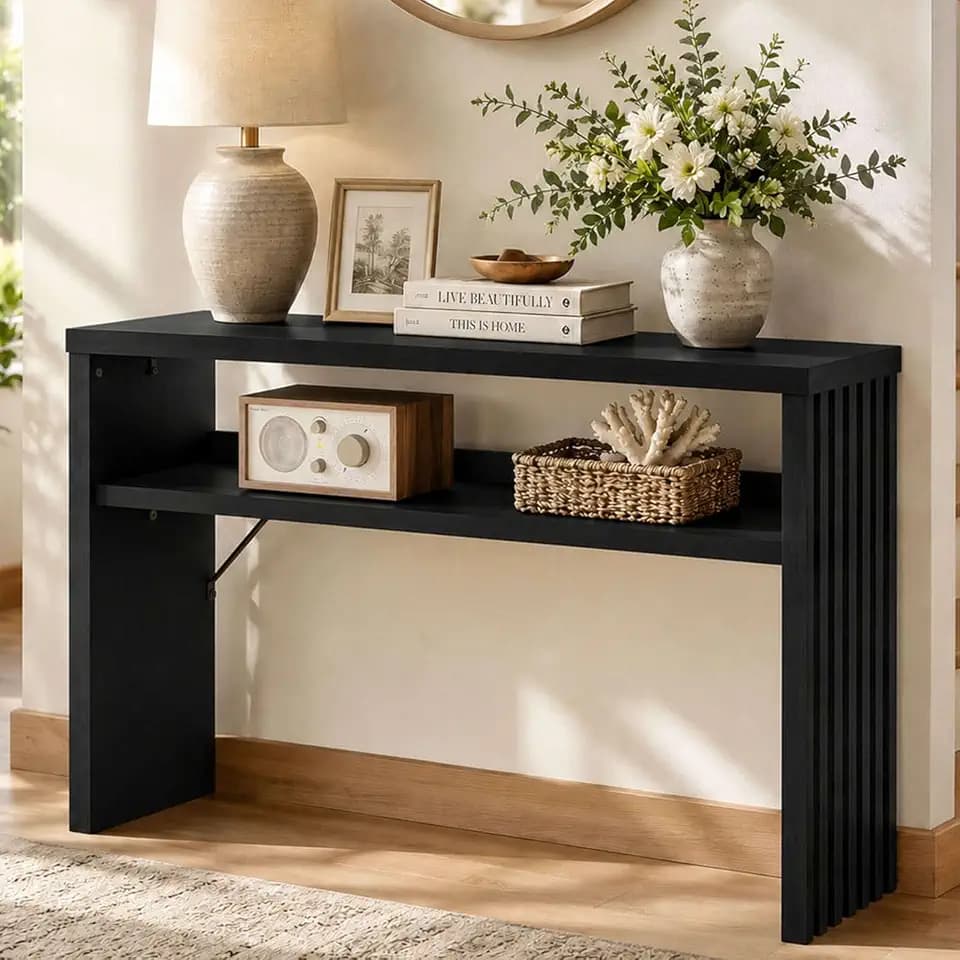 BON AUGURE Black Console Table, 47In Entryway Table with Fluted Open Shelf