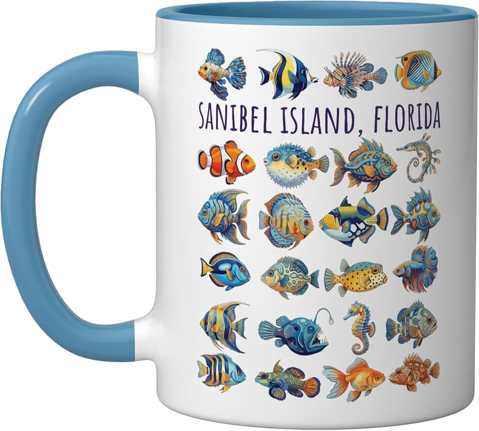 Sanibel Island, Florida Colorful Fish Design Ceramic Mug, Blue/White