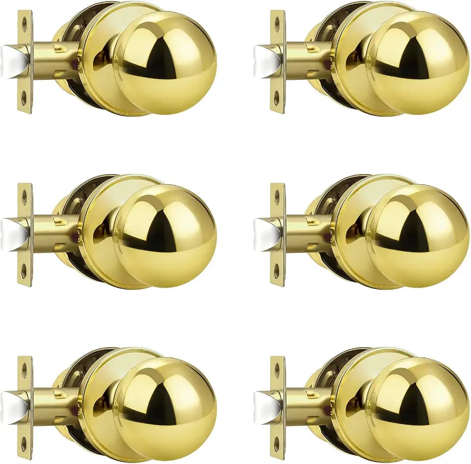 Probrico 6 Pack Round Polished Brass Passage Door Knobs Interior Door Handles for Hallway Closet, Keyless Passage Door Lock