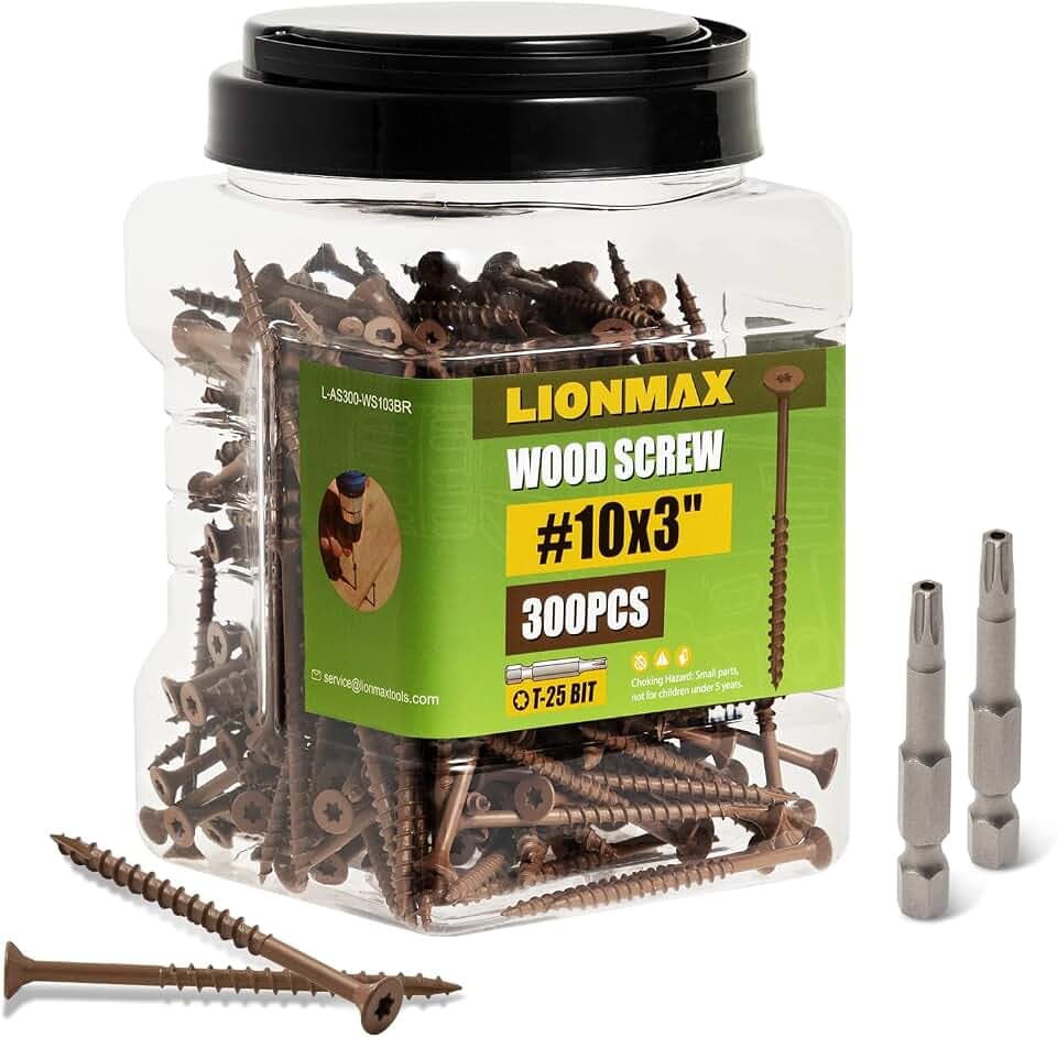 LIONMAX Deck Screws 3 Inch, Wood Screws #10 x 3, 300 PCS, Brown