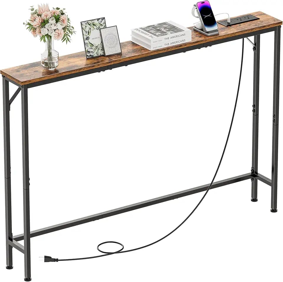 47.2" Console Table with Power Outlets, Narrow Entryway Table with Charging Station, Skinny Sofa Table for Entryway, Living Room, Foyer, Corridor, Office, Rustic Brown