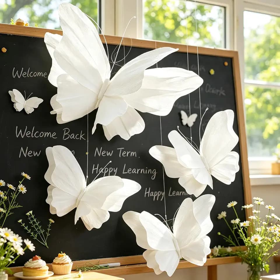SUNBEAUTY 3D Hanging Butterfly Decorations, White Large Butterfly Birthday Party Decorations, Giant Paper Butterflies Hanging Decor for Girls Women Birthday Wedding Wall Decor Flower Garden Party