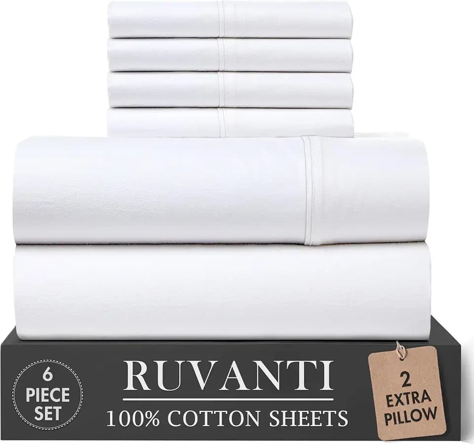 RUVANTI 100% Cotton Queen Sheets, Percale Queen Sheet Set, Bright White