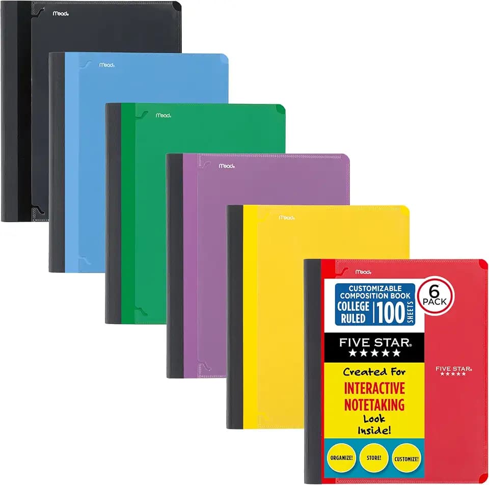 Five Star Interactive Notetaking Composition Book, 1 Subject, College Ruled Paper, 9" x 11", 100 Sheets, Customizable, Assorted Colors, 6 Pack (38612)