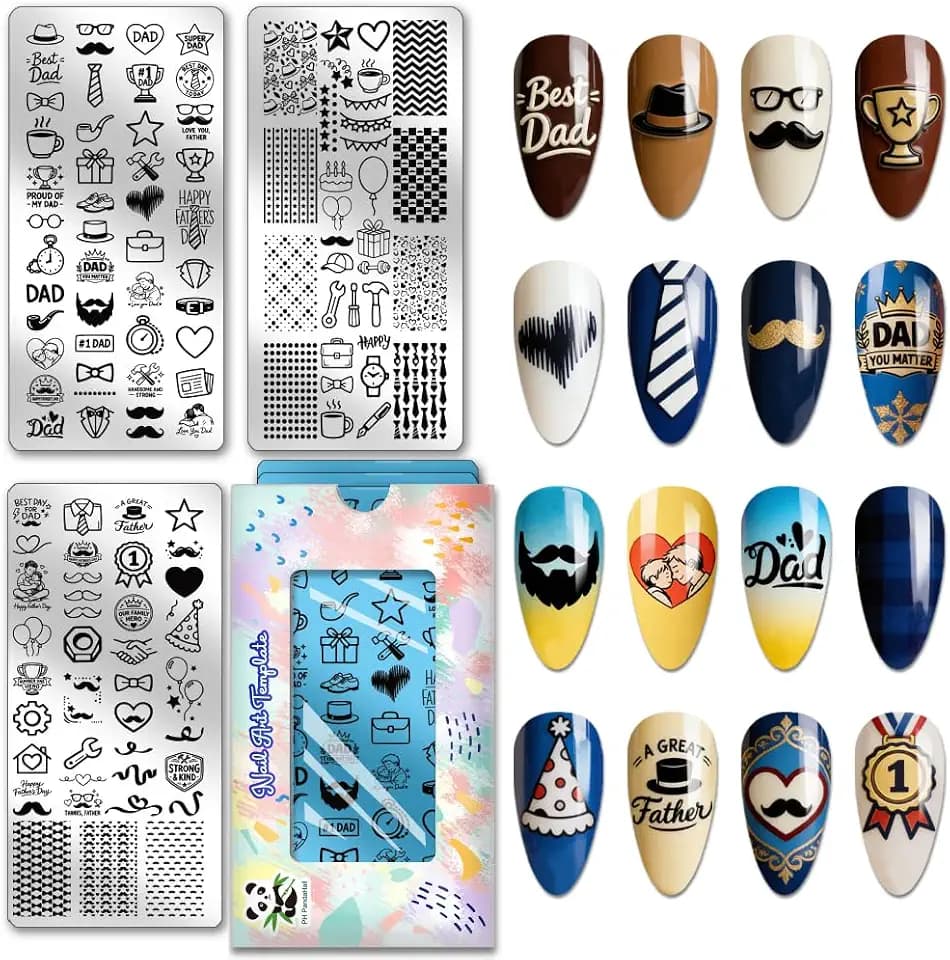 PH PandaHall 3pcs Father's Day Nail Stamping Plates Best Dad Nail Art Templates Happy Father's Day Manicure Art Stencils Ties Beards Gifts Nails Design Stamp for Women Manicures Salon DIY Printing