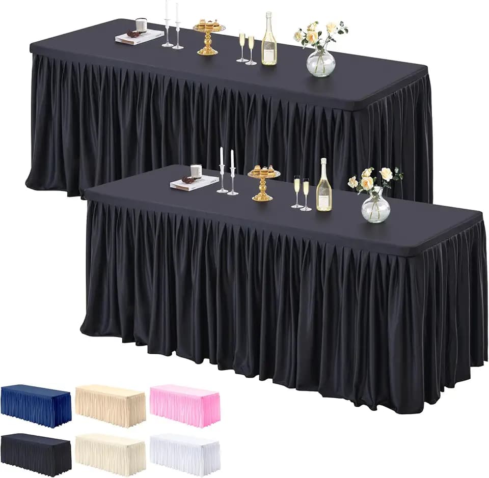 PARTISKY 2 Pack Black Tablecloths for Rectangle Tables 4ft, Wrinkle Resistant Black Table Cover Fitted Stretch Table Cloth with Pleated Ruffle Skirts for Party Banquet Dining Birthday Wedding