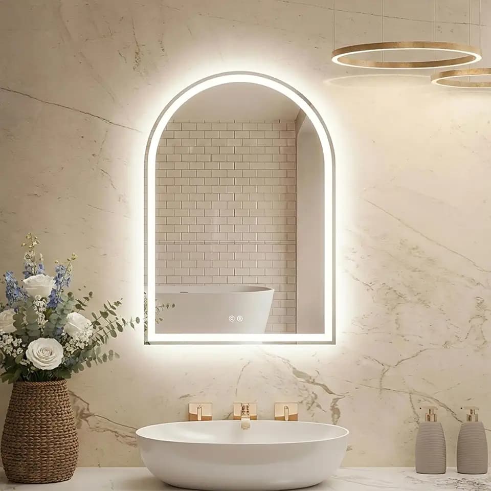 NEWBULIG 28"x 20" Arched LED Bathroom Wall Mirror with Lights, Dimmable Lighted Vanity Mirror with Anti-Fog Feature, Front Light and Backlit, Memory Function, Shatter-Proof, for Over Sink Decor, White