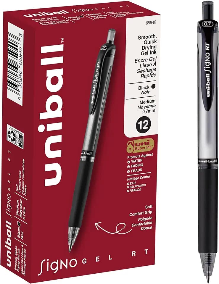 uniball™ Signo RT Gel Pens, Medium Point (0.7mm), Black, 12 Pack