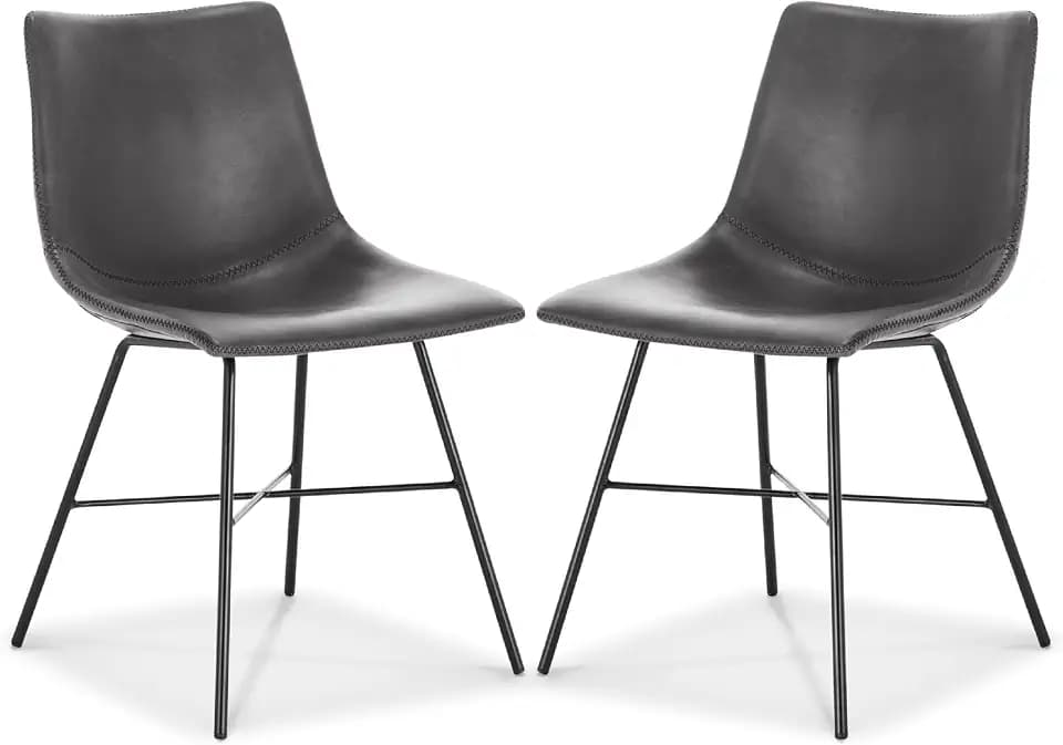 POLY & BARK Paxton Leather Dining Chairs – Set of 2 Modern Dining Room Chairs with Low Back – Faux Leather Upholstery and Matte Black Steel Base – Comfortable Seating for Stylish Interiors – Grey