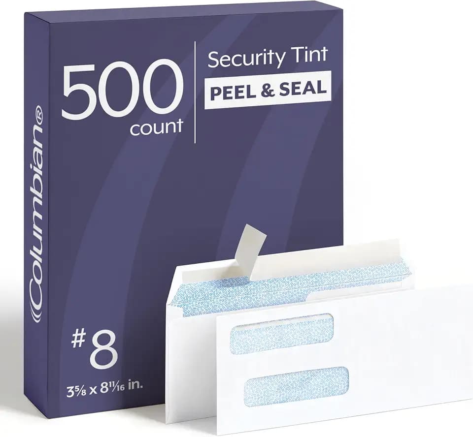 Columbian #8 Double-Window Self Seal Security Tint Envelopes, 500/Box, 24lb White Wove, 3-5/8 x 8-11/16 Inches (1016910)