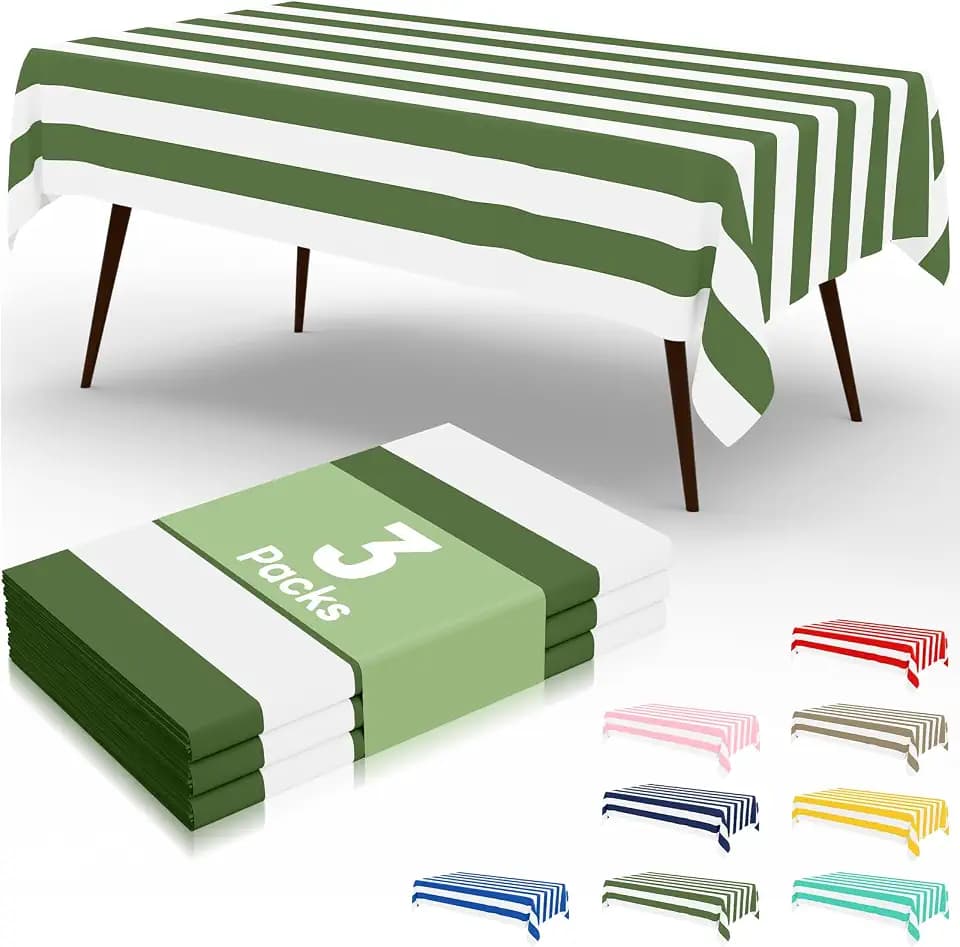 misaya 3 Packs Sage Green and White Striped Plastic Disposable Table Cloth