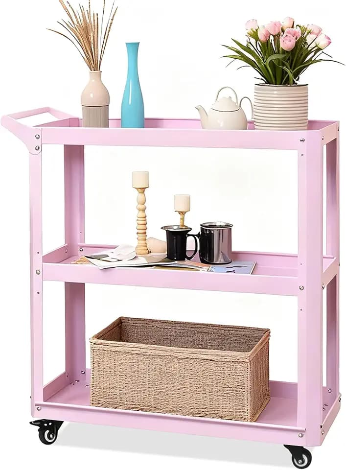 3 Tier Metal Utility Rolling Cart with Wheels, Pink