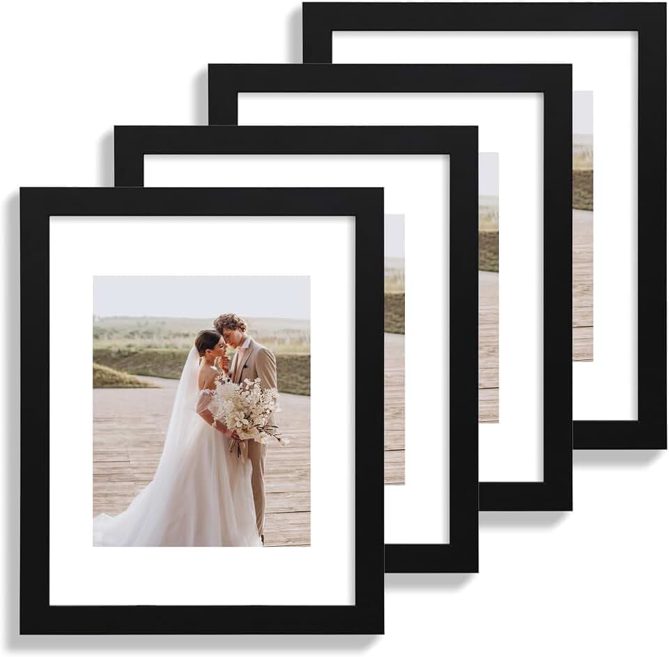 Hongkee 11x14 Picture Frame Set of 4, Real Glass and Wood Frame, 8x10 Mat