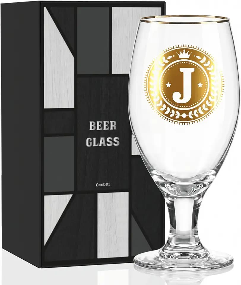 Onebttl Personalized Craft Beer Glass, Custom Alcohol Gifts for Beer Lovers, 13oz Stemmed Belgian Ale Glass with Gold Rim - Birthday, Father's Day, Christmas Gift for Men, Dad, Husband, J