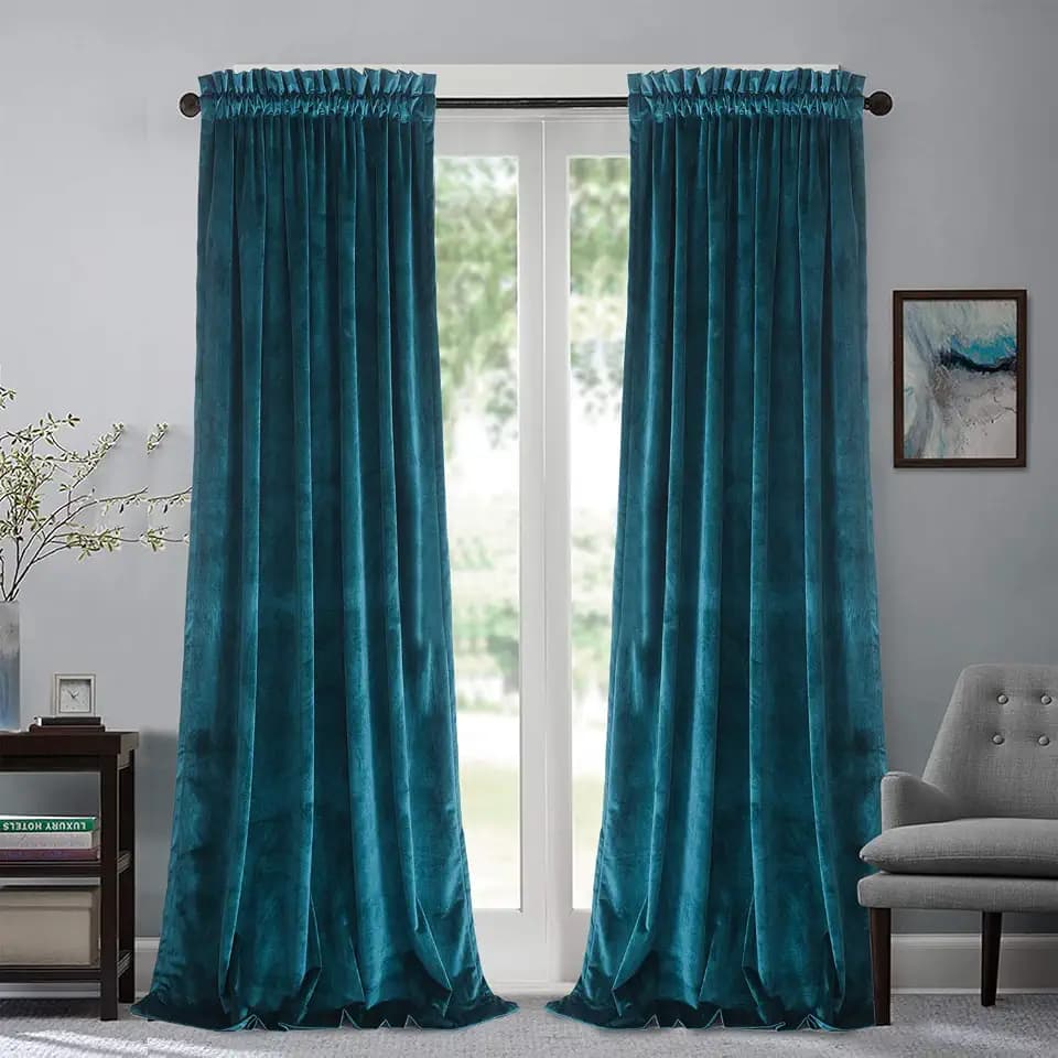 Roslynwood Peacock Blue Velvet Curtains W52 x L90 inches Long, 2 Panels