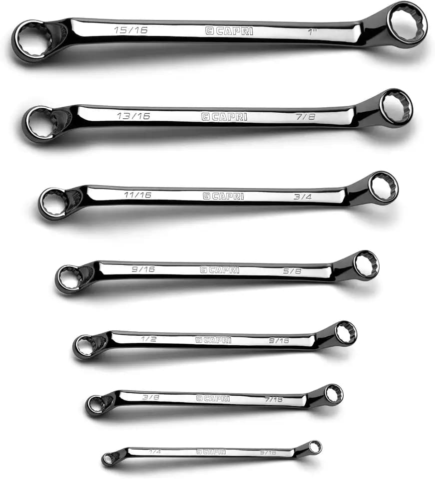 Capri Tools 75-Degree Deep Offset Double Box End Wrench Set, 1/4 to 1 in, SAE, 7-Piece with Heavy Duty Canvas Pouch