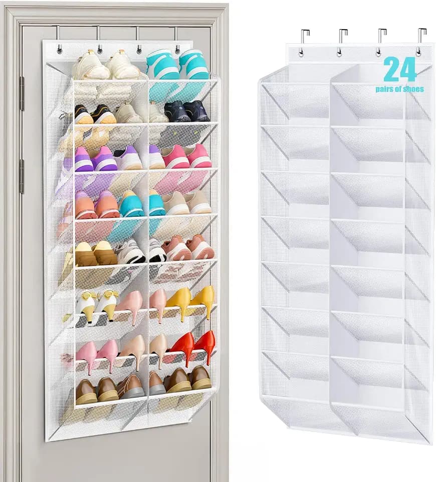 MISSLO 24 Pairs Over the Door Shoe Organizer Breathable Mesh Hanging Shoe Rack for Closet Storage with Wide Deep Pockets 8 Tier Shoes Holder Fit All the Family's Sneakers, Boots, Heels (White, 57.5")