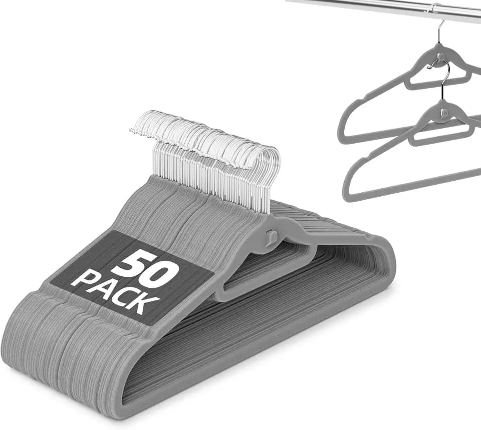 Velvet Stackable Hangers 50 Pack Space Saving Cascading Hook Gray