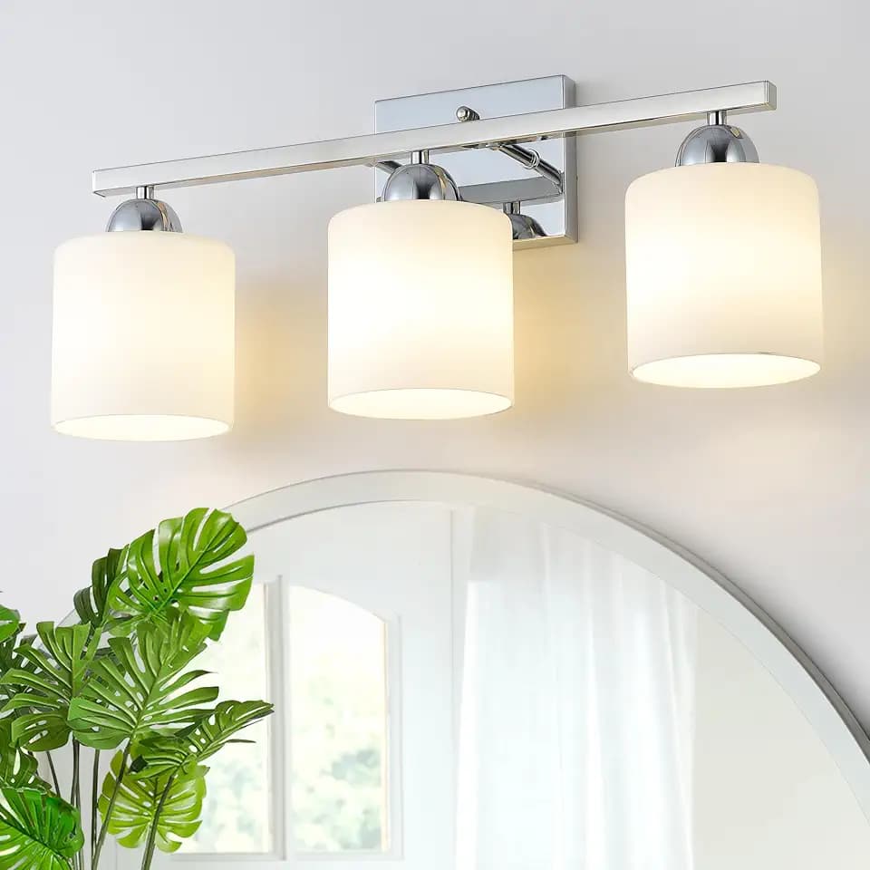 Mecgirn Stainless Steel Milk Glass Vanity Lights for Bathroom, 3 Light Chrome Bathroom Light Fixtures Over Mirror, Ceramic E26 Sockets Wall Mounted