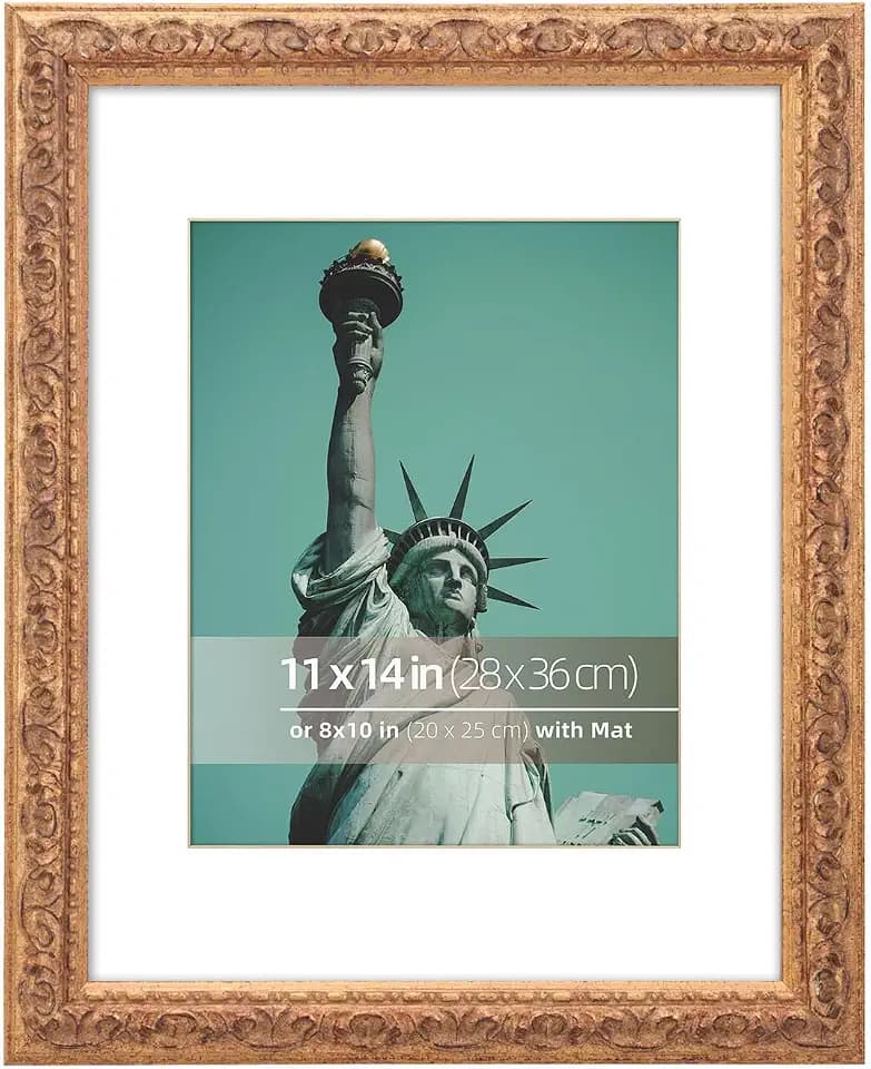 11x14 in Distressed Rustic Gold Wood Vintage Farmhouse Picture Frame, Museum Grade Off White Mat for8x10 Photos, Real Glass Protection, Wall Hanging Photo Display, Antique Gold