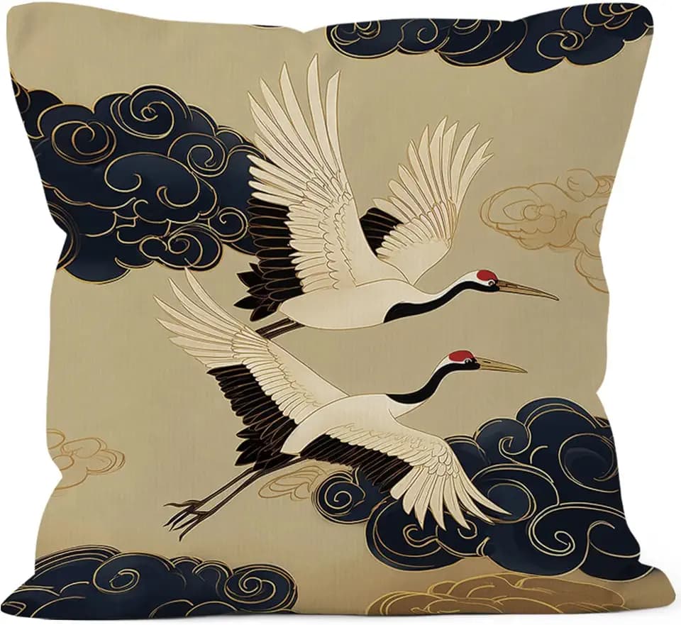 Vintage Japanese Crane Throw Pillow Cover Gifts 18x18, Japandi Bird Decor Pillow Cases for Bedroom Living Room, Asian Oriental Chinoiserie Decorative Pillowcases for Couch Bed Sofa