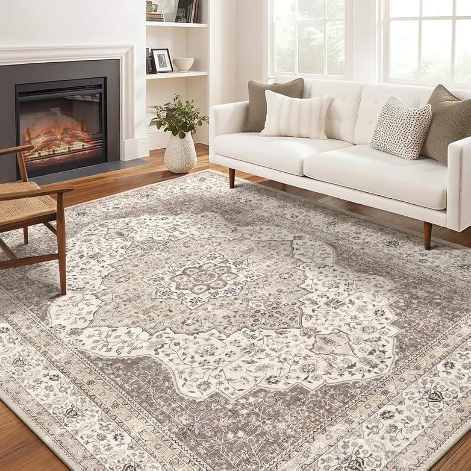 Vintage 8x10 Washable Area Rugs for Living Room, Non Slip, Brown