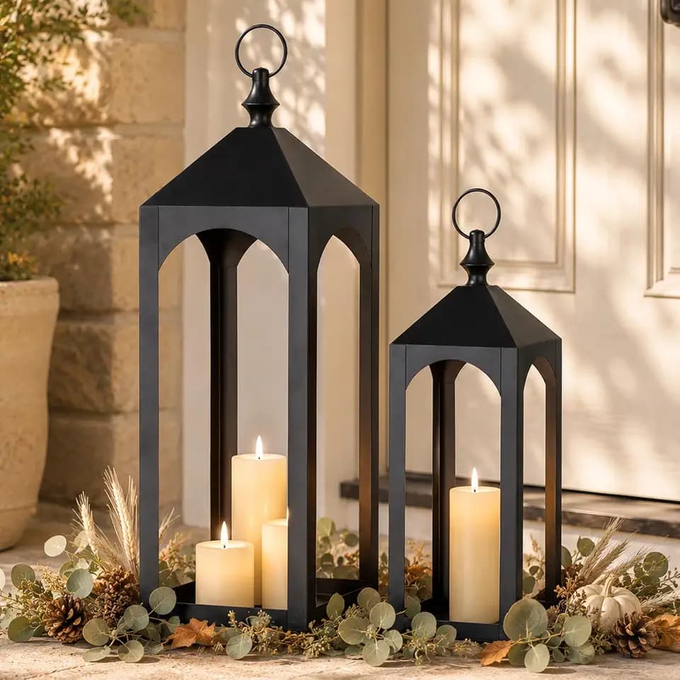 24" & 17" Large Outdoor Floor Lantern, Set of 2 Fall Porch Decor