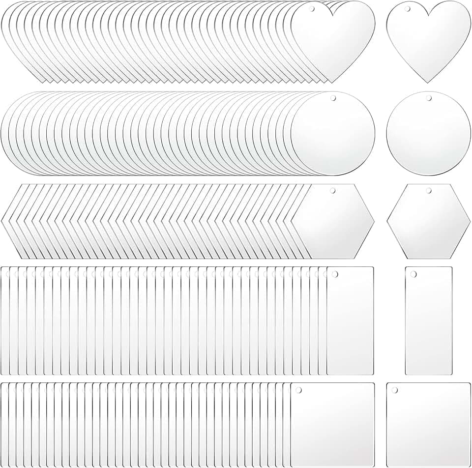 200 Pieces Acrylic Keychain Blanks Transparent Pendants in Circle Heart Square Rectangle Hexagon Shapes for DIY Crafts Projects