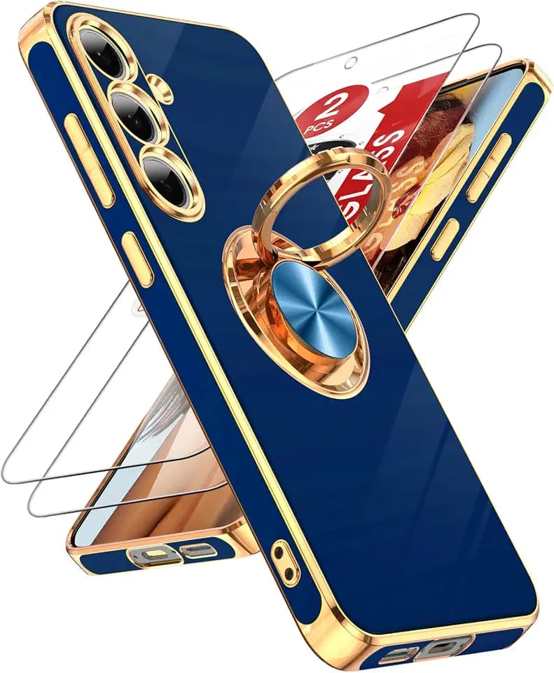 LeYi for Samsung S24-FE Case: with 2 Pack Tempered Glass Screen Protector and 360° Rotatable Ring Holder Magnetic Kickstand, Plating Rose Gold Edge for Samsung Galaxy S24 FE Case, Blue