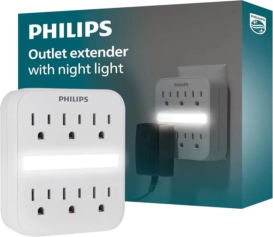 Philips Outlet Extender with Automatic Night Light, 6 Outlet Multi Plug