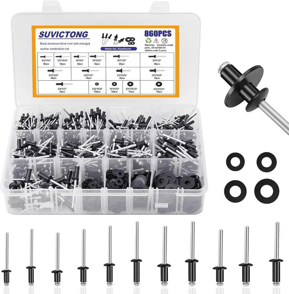 860pcs Pop Rivet Assortment Kit, Black Rivets 3/32"-3/16" 11 Sizes with Washers, Aluminum Set for Furniture/Metal/Automotive