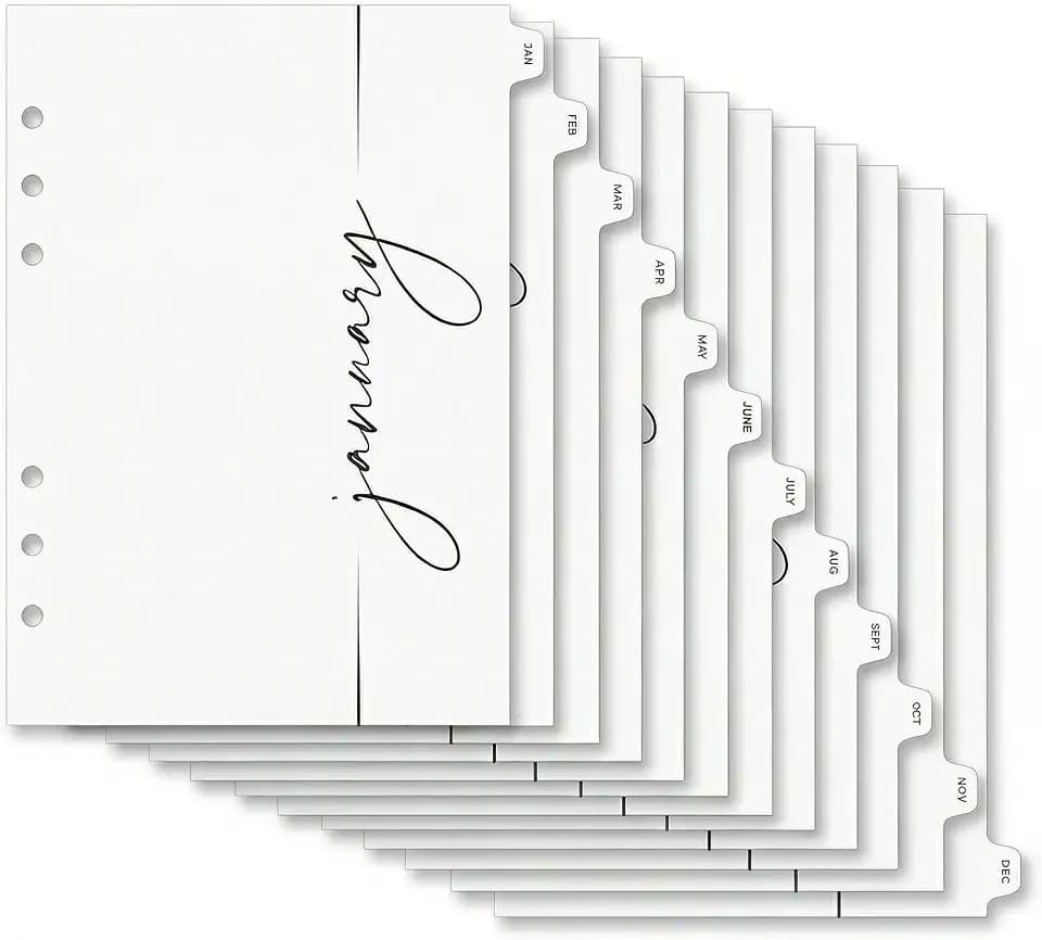 A5 Monthly Binder Dividers – 12-Month Planner Tabs (Jan–Dec), Minimalist Script Style, 6-Hole Pre-Punched – Durable A5 Index Tabs for Binders, Notebooks & Planner Inserts