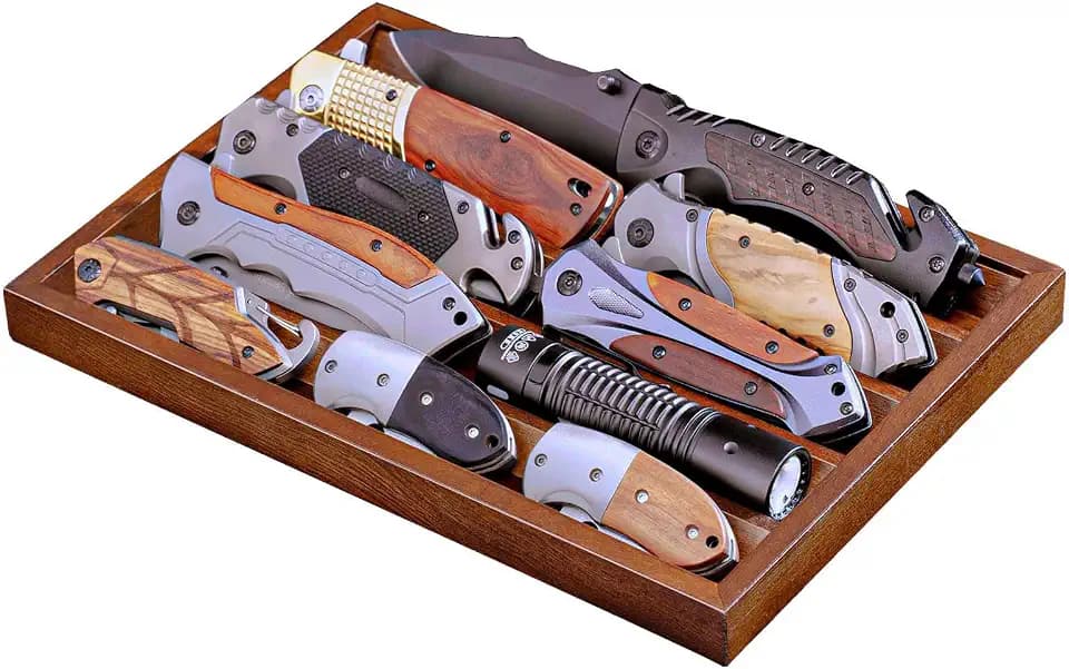 Large Pocket Knife Organizer & Display Holder, Wooden EDC Tray for Folding Knives, Flashlights & Challenge Coins (Walnut, 1 Pack)