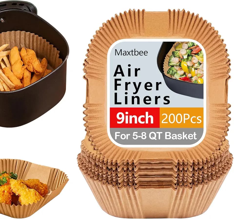9 Inch Air Fryer Paper Liner Disposable, 200PCS Non-Stick, Oil-Proof & High-Temperature Resistant Square Baking Parchment Paper for Air Fryer, Microwave and Oven(Bottom Is 8 Inch)
