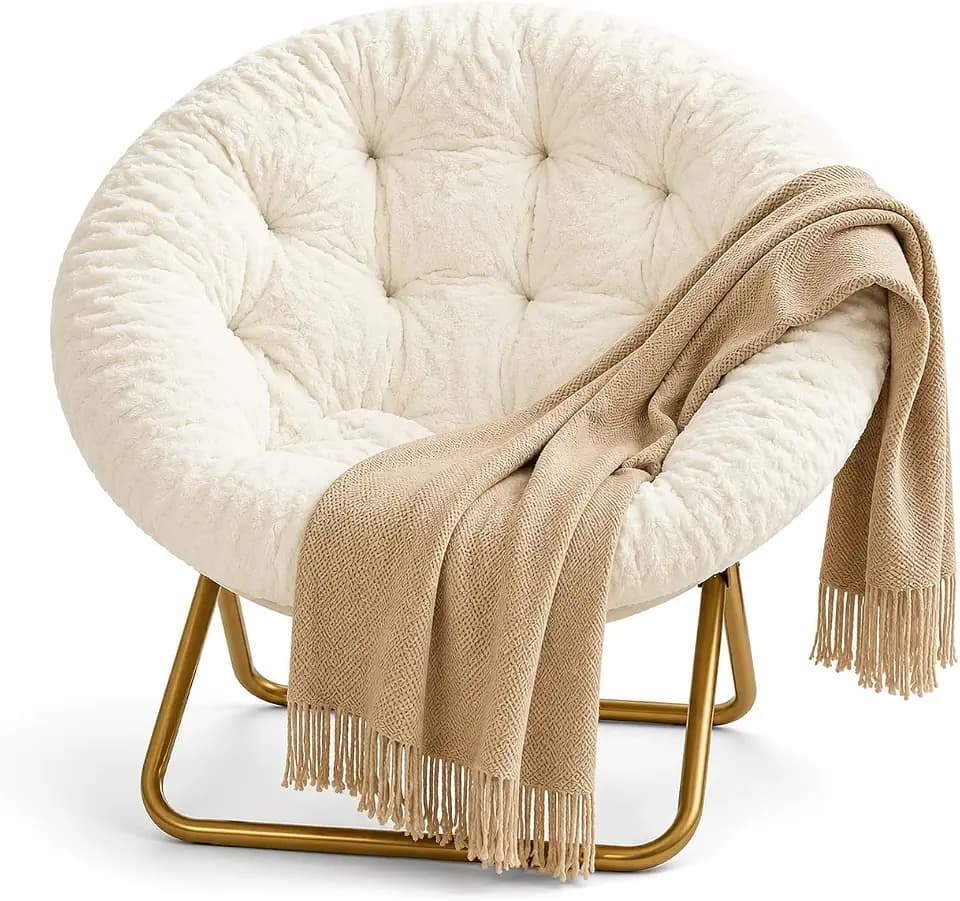 Simple Deluxe Saucer Chair, Round Foldable Reading Chairs, X-Large Size Cozy Papasan Chair, Comfy Furry Padded Moon Chair, Round Dorm Chairs for Bedroom Living Room, White