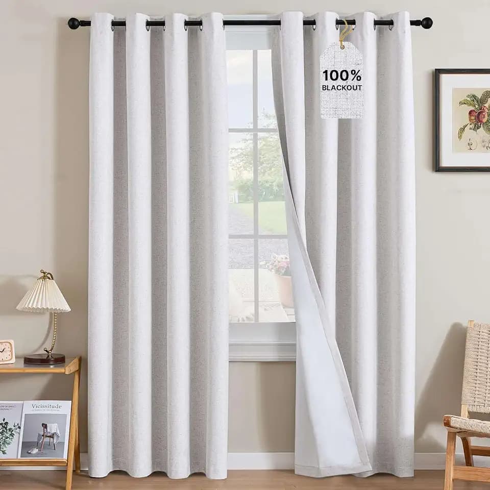 H.VERSAILTEX 100% Blackout Linen Curtains 96" L 2 Panels Heathered White