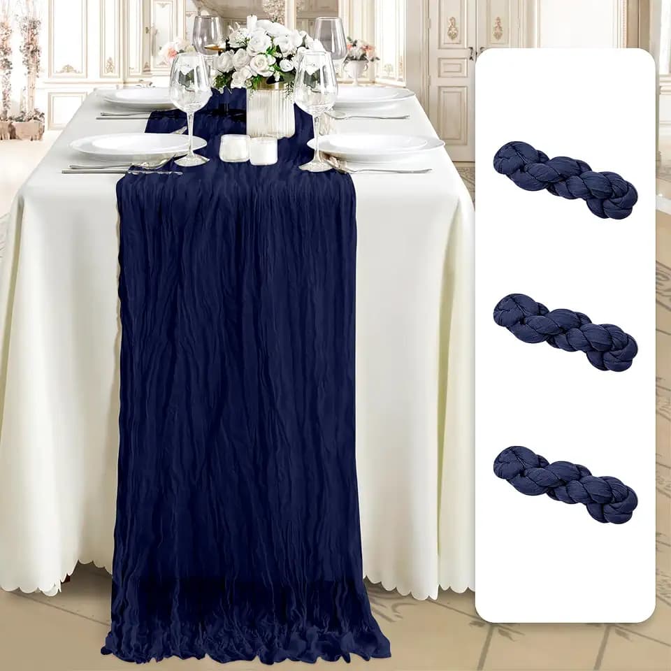 Cheesecloth Table Runner 3 Pack – 35x120 Inch (10ft) Boho Rustic Gauze Cloth Runners – Crinkle Polyester Table Decor for Wedding, Baby Shower, Bridal Shower, Birthday Party and More (Navy Blue)
