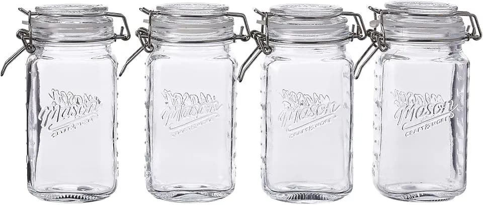 Mason Craft & More Airtight Kitchen Food Storage Clear Glass Clamp Jars, 17 Ounce (0.5 Liter) Tall Mini Clamp Jar