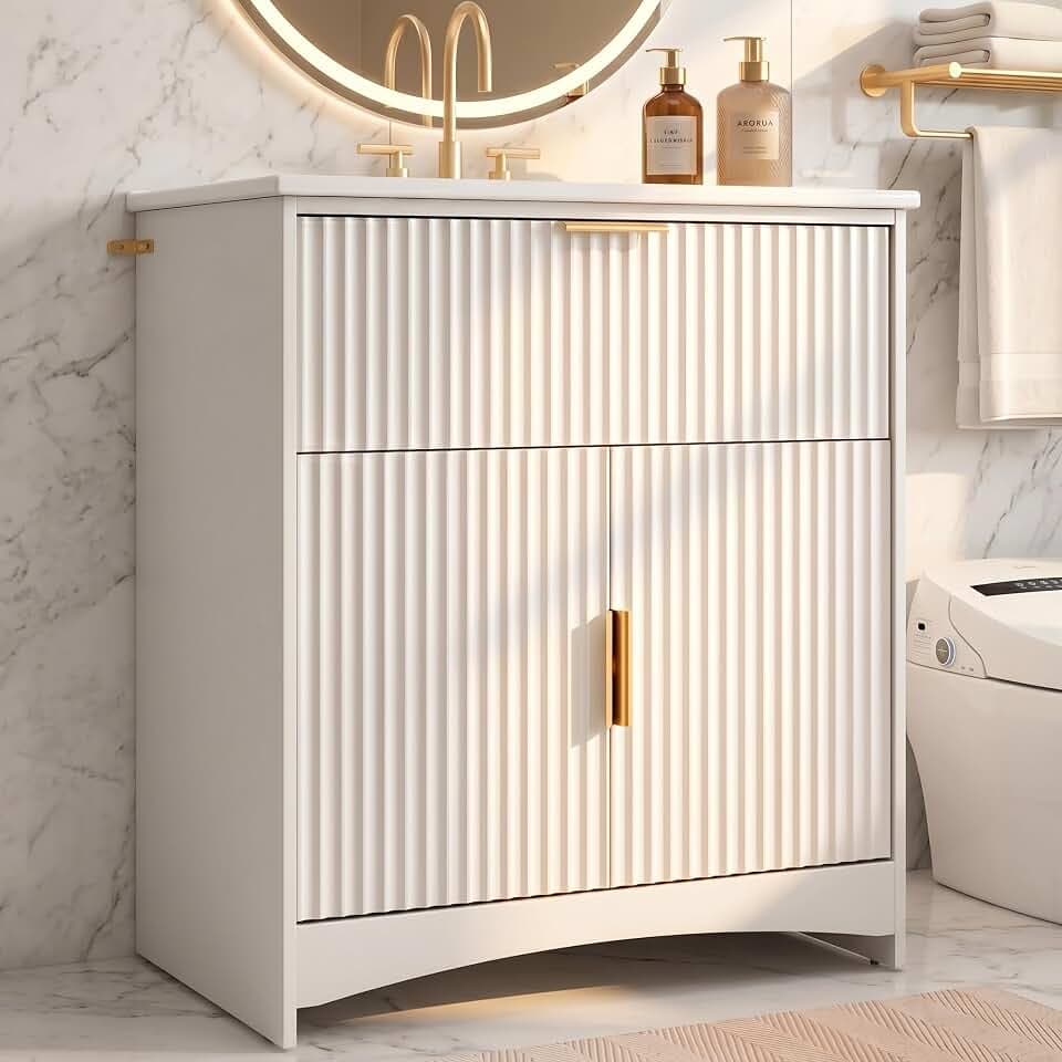 Marsail 30 Inch Bathroom Vanity with Sink, Wood Bathroom Vanities Modern Fluted Vanity Bathroom Cabinet with Drawer, Freestanding Ceramic Vanity Sinks for Bathrooms, White