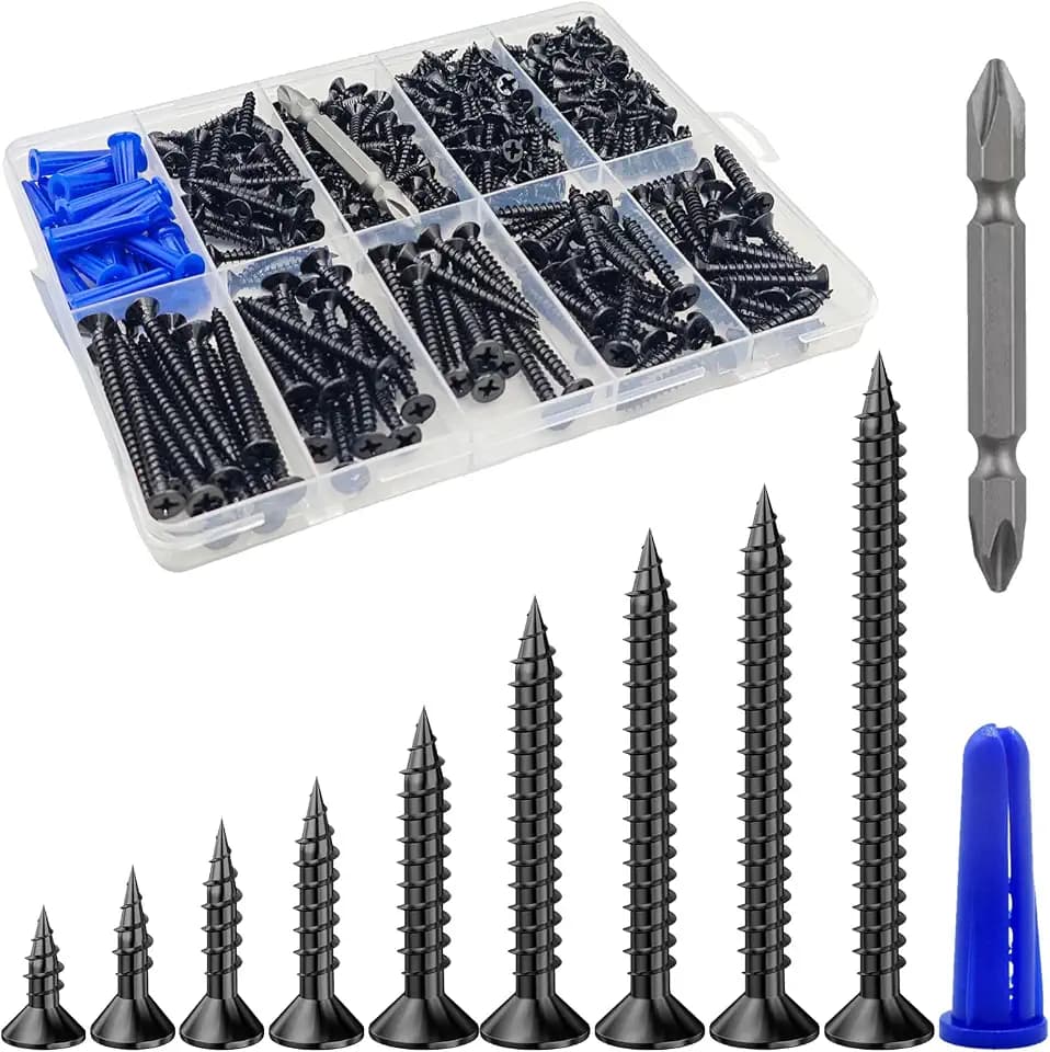 Wensilon 385PCS Wood Screws Assortment Kit, Black Flat Head Screws
