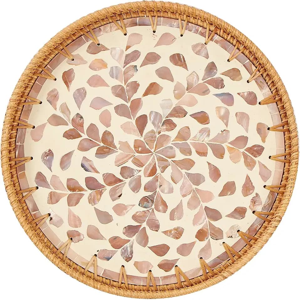 Kmelep Round Rattan Tray with Mother of Pearl Inlay, Rattan Serving Tray with Wooden Base, Decorative Wicker Basket for Table Decor, Storage and Display of Coffee Bread Food Fruit (Wicker)