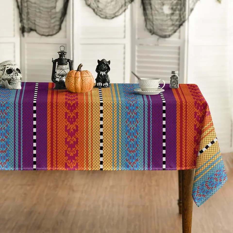 Horaldaily Stripe Tablecloth 60x120 Inch Rectangular, Orange Dia De Los Muertos Stripe Seasonal Table Cover for Party Picnic Dinner Decor