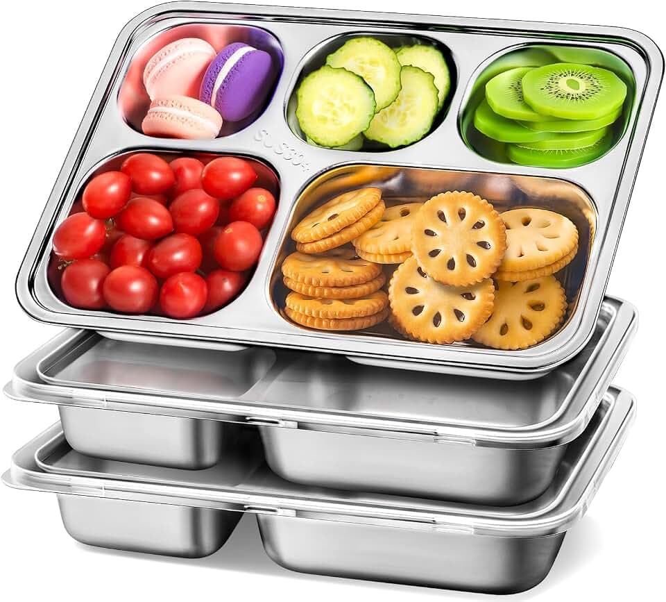 3-Pack Stainless Steel Snack Containers & Meal Plates, 5 Compartments
